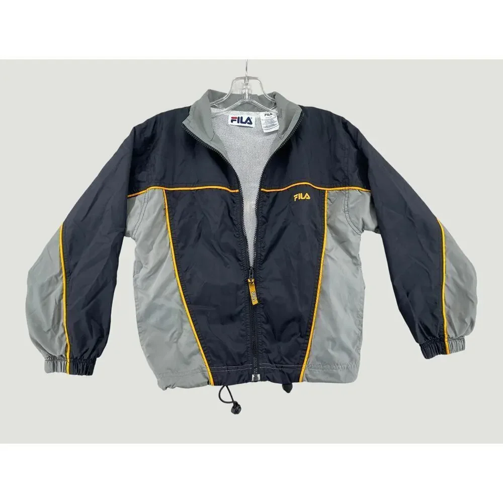 FILA Youth L Colorblock Windbreaker Jacket Black Gray Yellow Mesh Lined